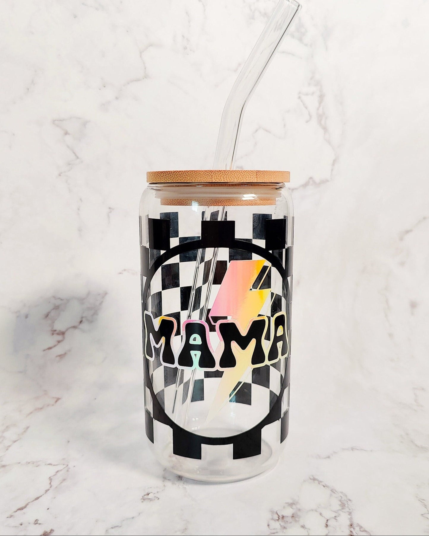 Checkered Glow In The Dark Mama Glass Cup