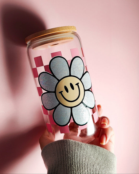 Happy Checkered Daisy Glass Cup