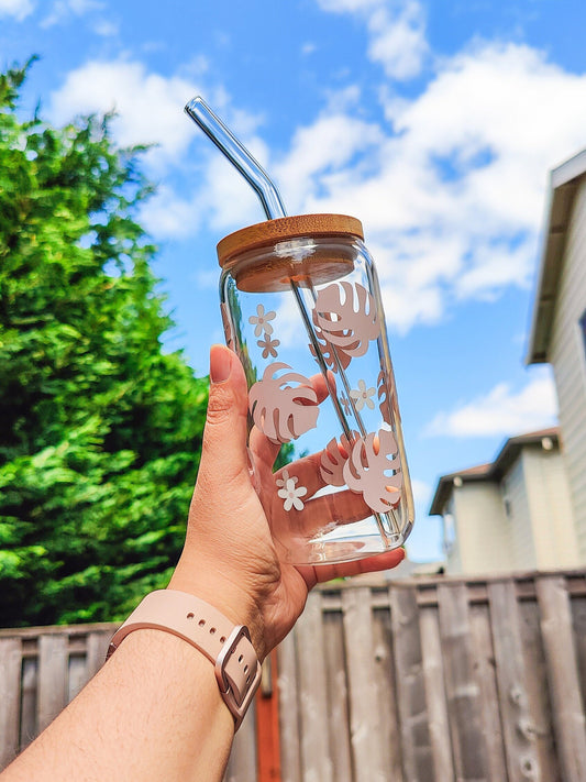 Monstera and Daisies Coffee Glass Cup