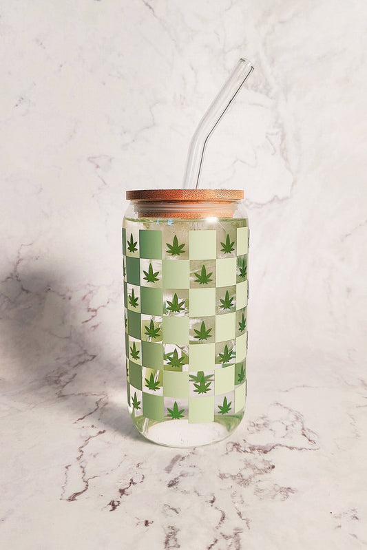 Checkered Color Changing Hemp Leaf Glass Cup