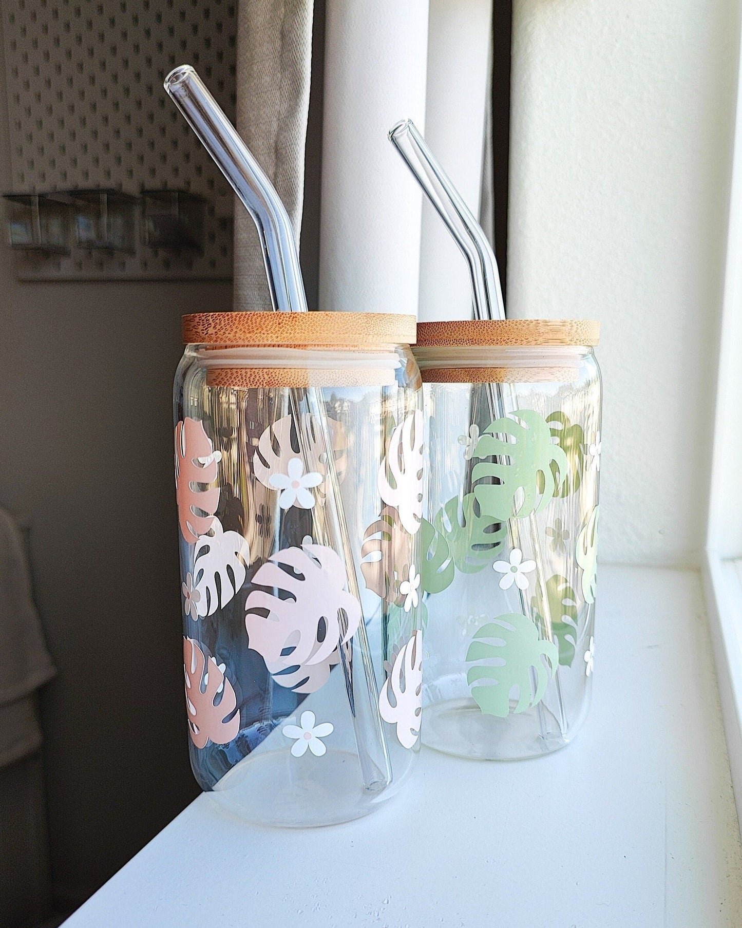 Monstera and Daisies Coffee Glass Cup