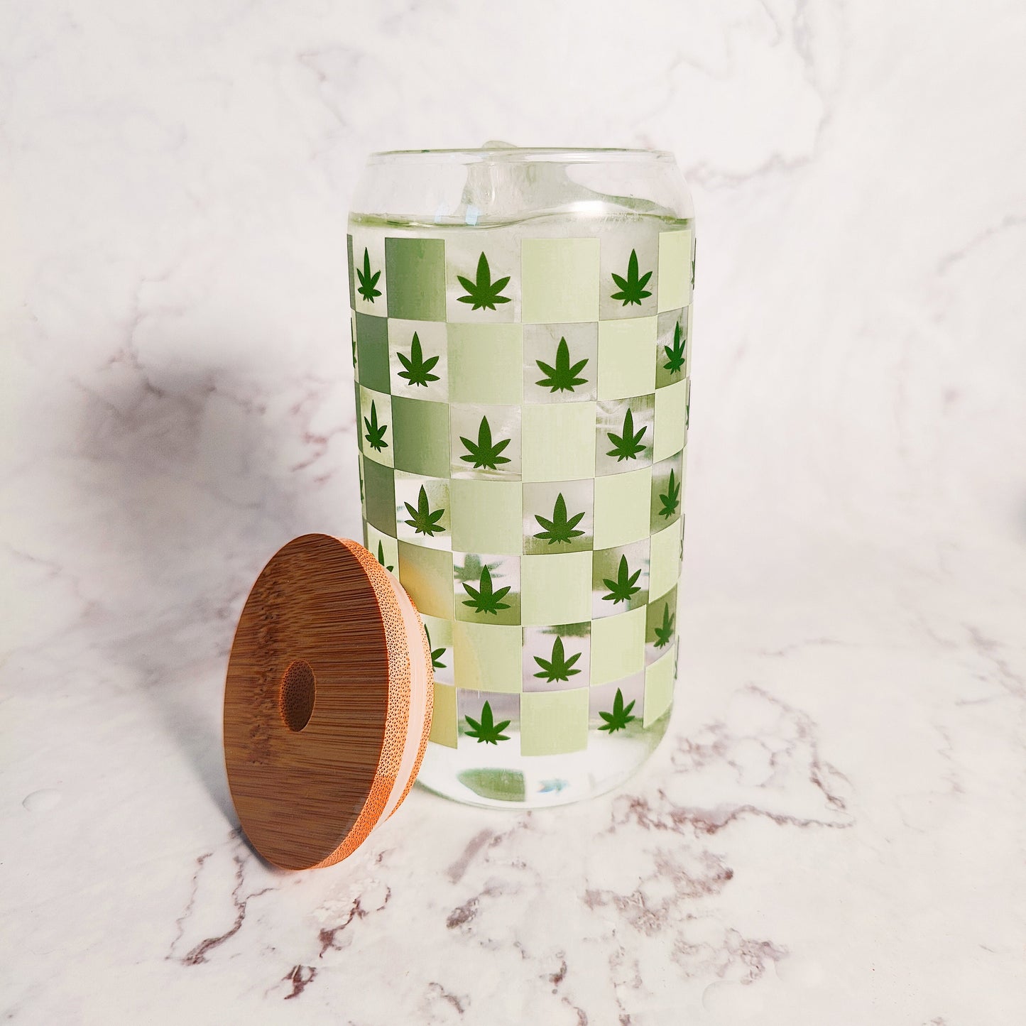 Checkered Color Changing Hemp Leaf Glass Cup
