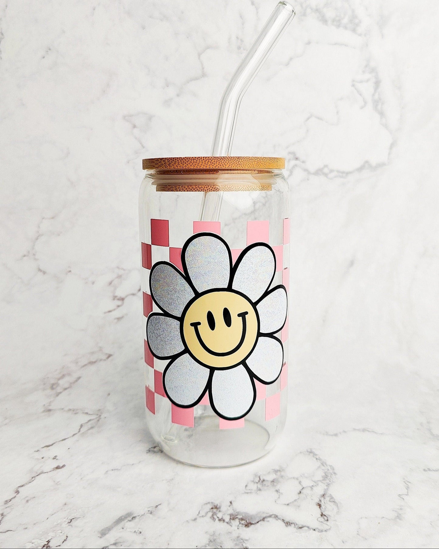 Happy Checkered Daisy Glass Cup