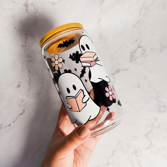 Floral Bookish Ghosts Coffee Glass Can