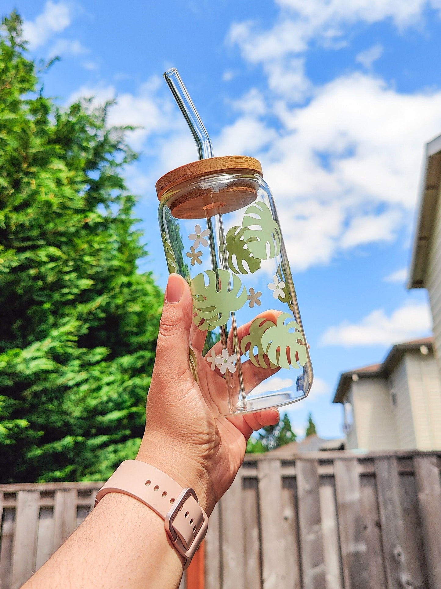 Monstera and Daisies Coffee Glass Cup