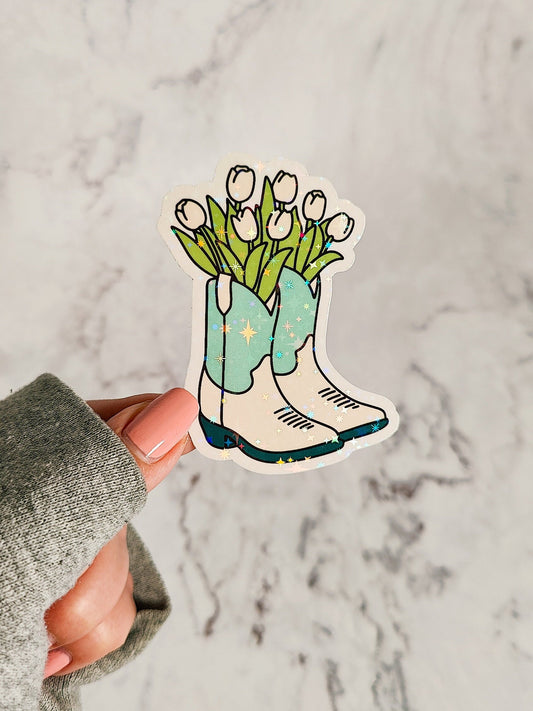 Tulip Cowboy Boots Holographic Sticker