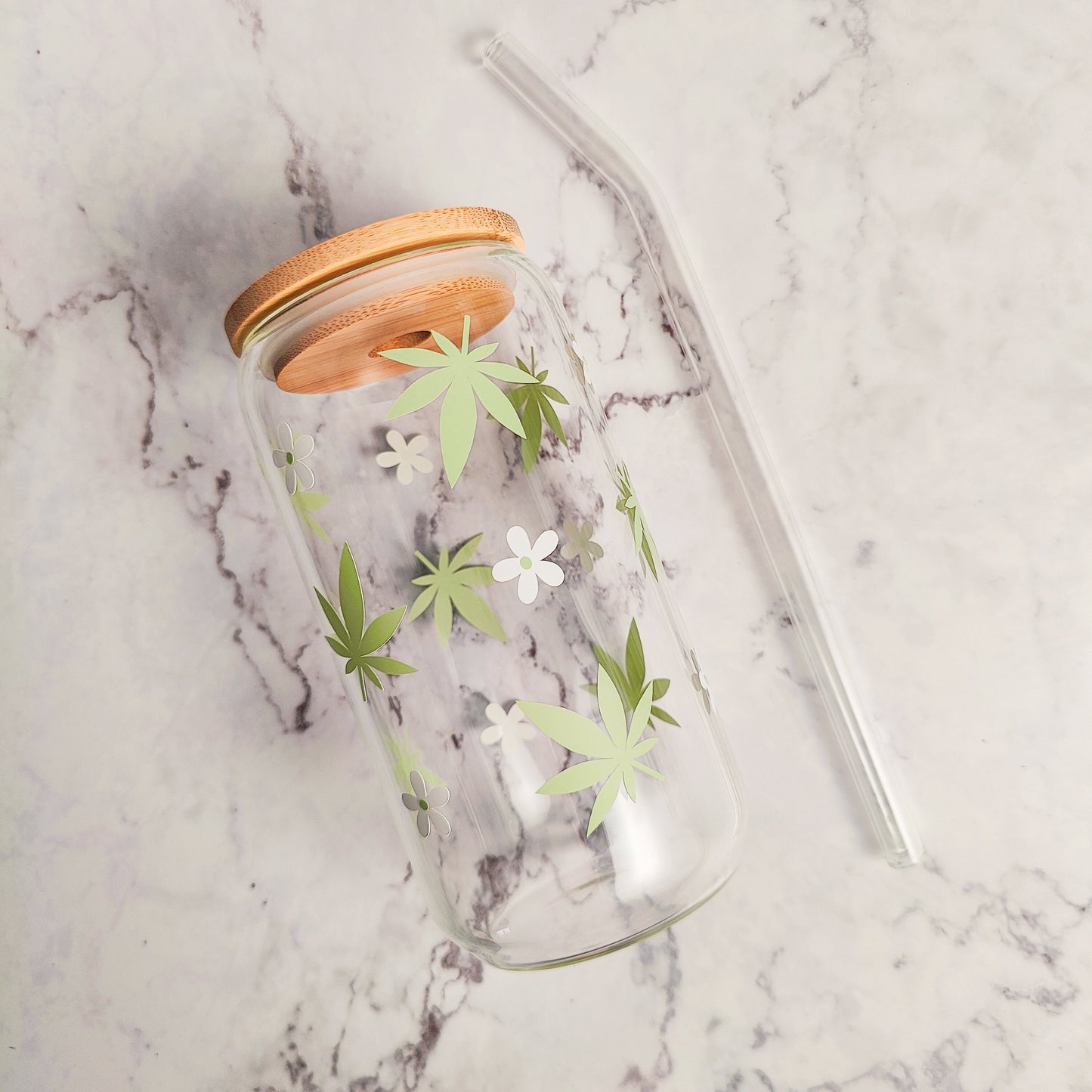 Hemp Leaves and Daisies Glass Coffee Cup