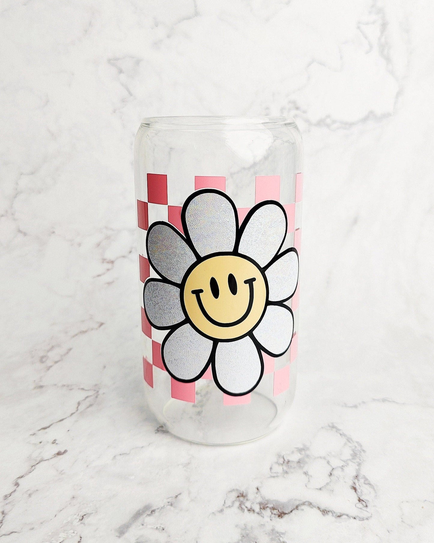 Happy Checkered Daisy Glass Cup