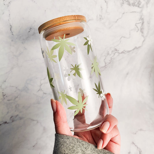 Hemp Leaves and Daisies Glass Coffee Cup