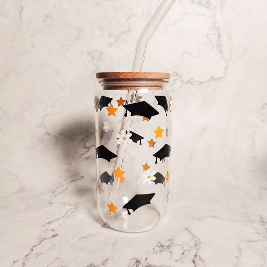 Grad Caps and Daisies Glass Coffee Cup