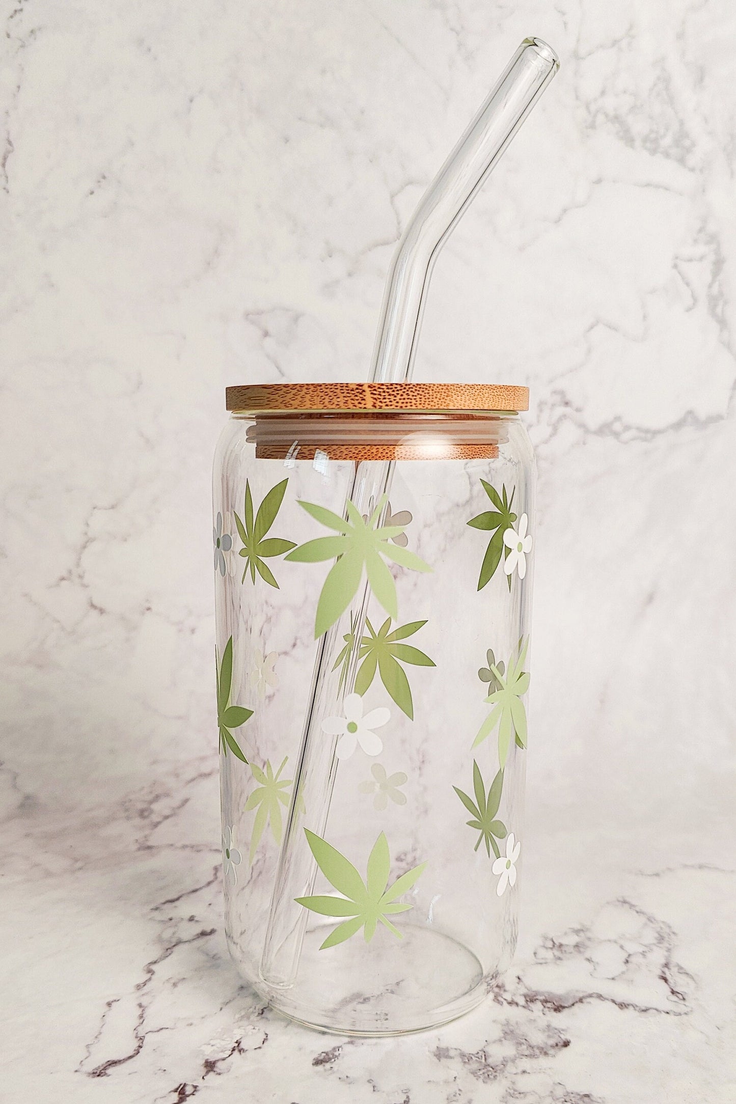 Hemp Leaves and Daisies Glass Coffee Cup