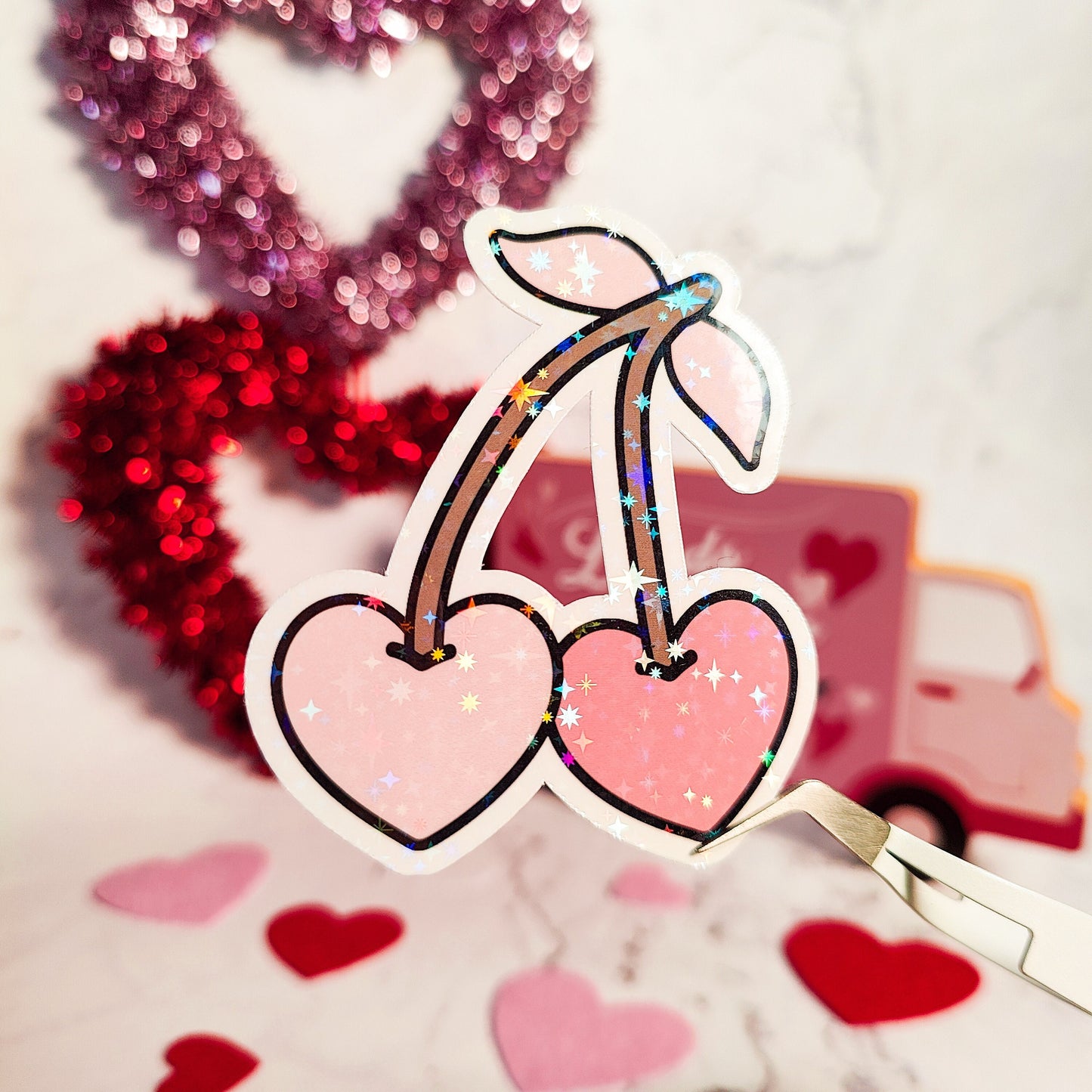 Cherry Hearts Holographic Sticker