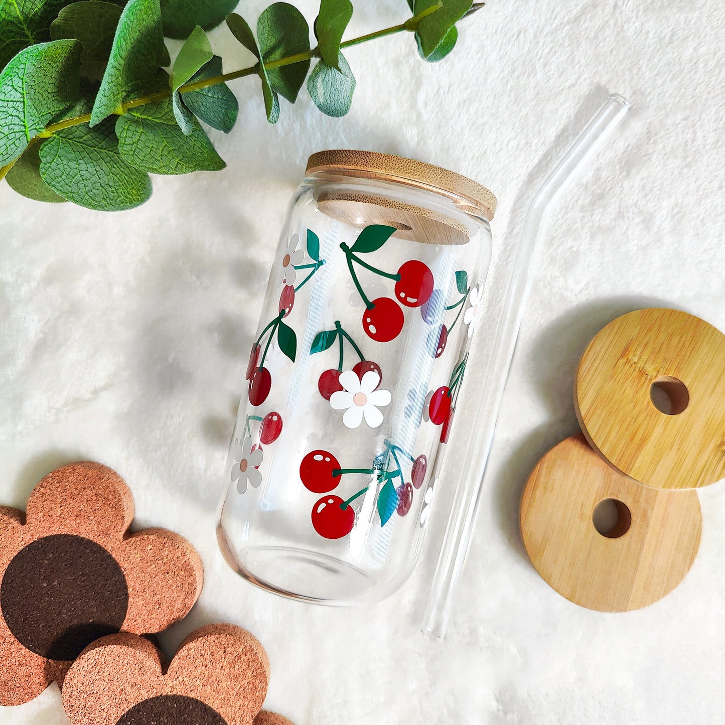 Cherry Daisy Glass Cup, Fruit Trendy Glass Beer Can, Iced Coffee Glass, Summer Aesthetic Fruit Glass, Bamboo Lid and Straw, 16 and 20 oz