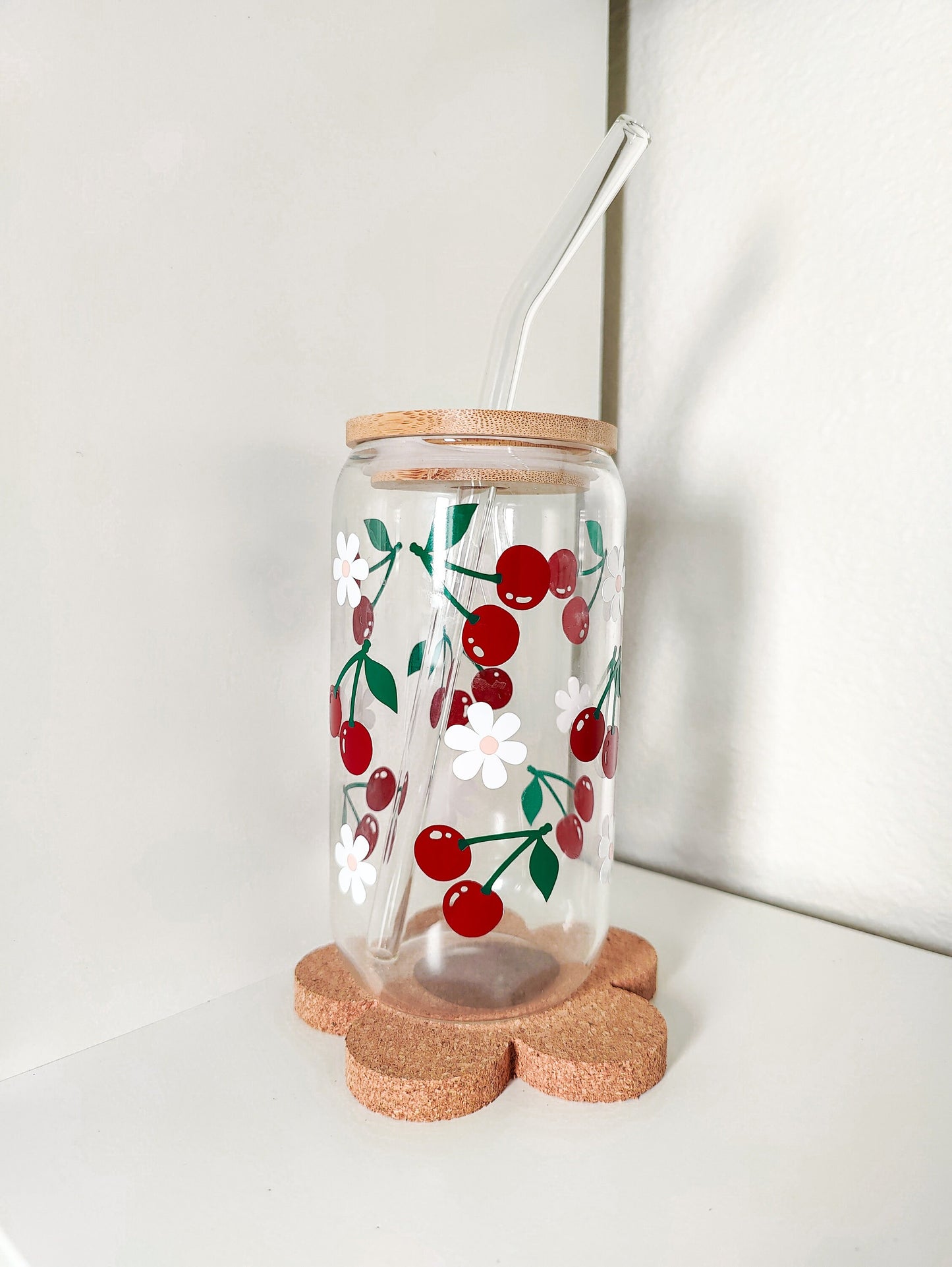Cherry Daisy Glass Cup, Fruit Trendy Glass Beer Can, Iced Coffee Glass, Summer Aesthetic Fruit Glass, Bamboo Lid and Straw, 16 and 20 oz