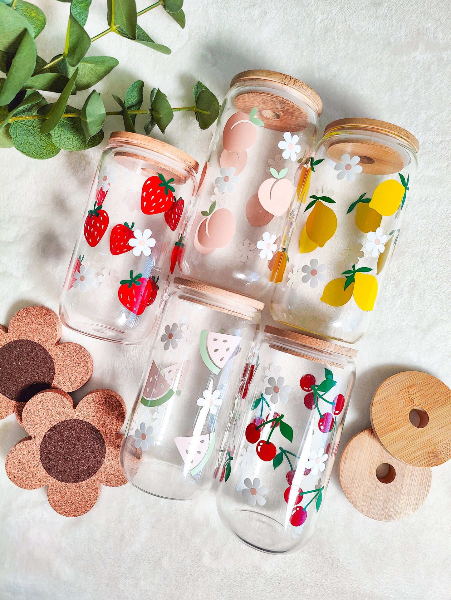 Cherry Daisy Glass Cup, Fruit Trendy Glass Beer Can, Iced Coffee Glass, Summer Aesthetic Fruit Glass, Bamboo Lid and Straw, 16 and 20 oz