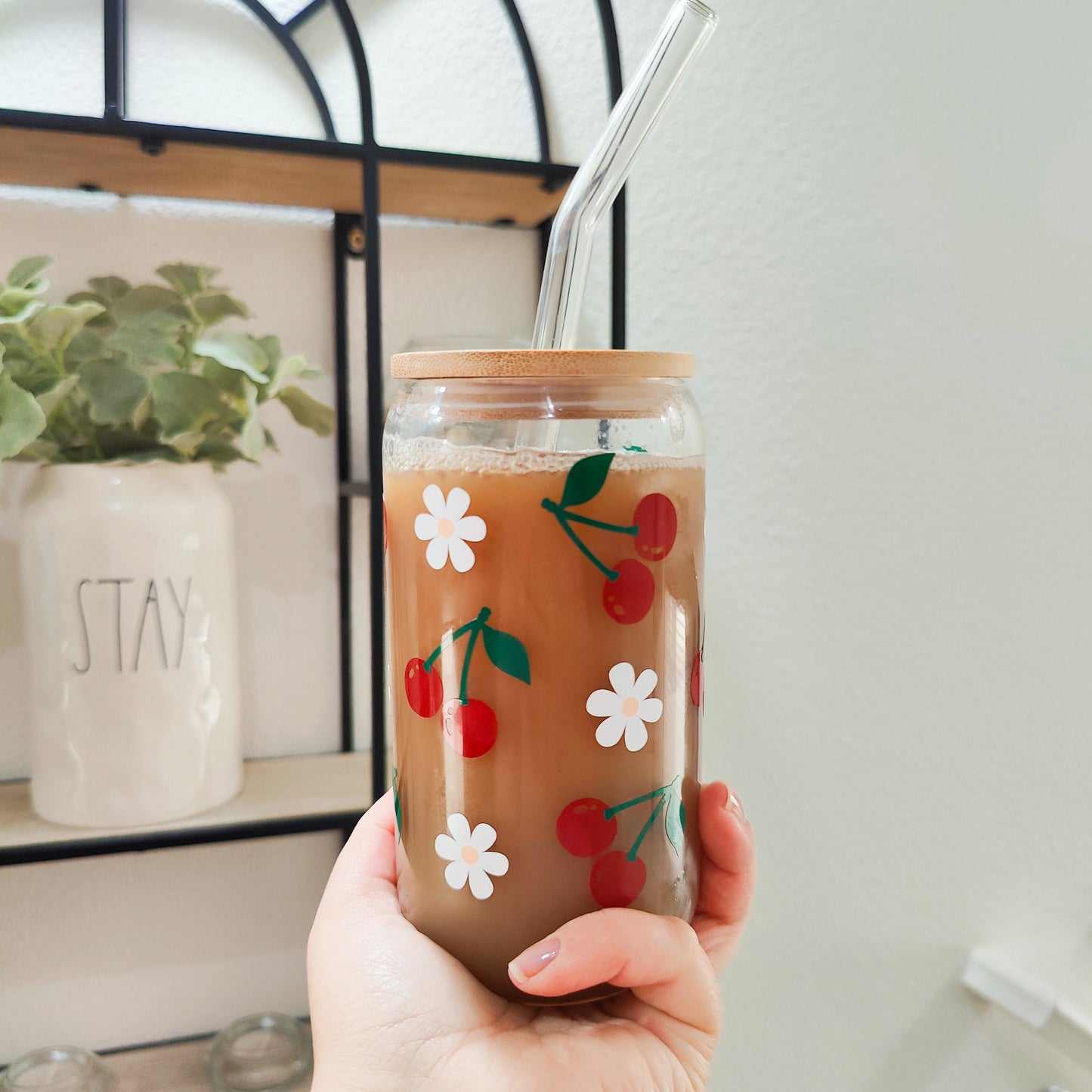 Cherry Daisy Glass Cup, Fruit Trendy Glass Beer Can, Iced Coffee Glass, Summer Aesthetic Fruit Glass, Bamboo Lid and Straw, 16 and 20 oz