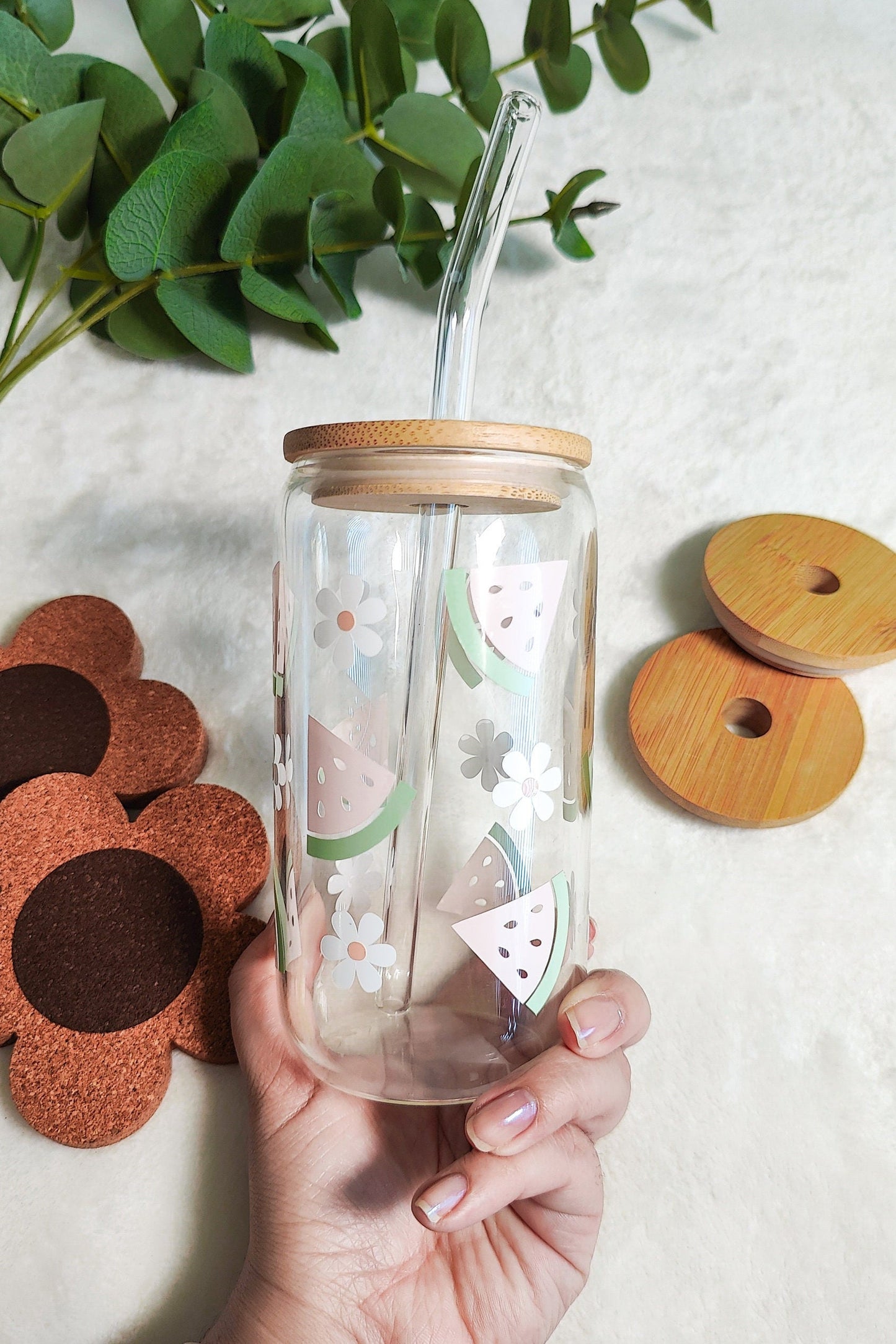 Watermelon Daisy Glass Cup, Fruit Trendy Glass Beer Can, Iced Coffee Glass, Summer Aesthetic Fruit Glass, Bamboo Lid and Straw, 16 and 20 oz