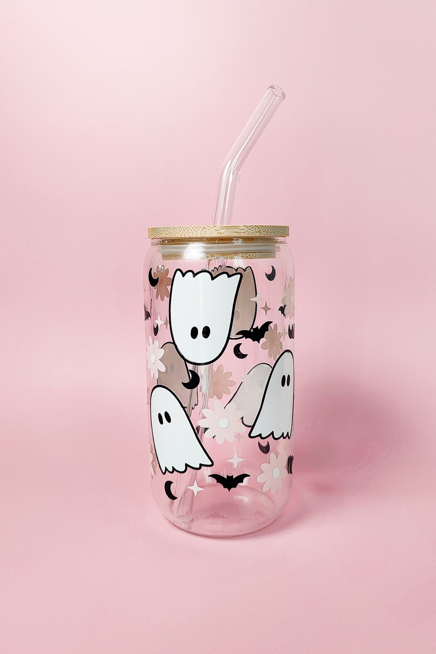 Flower Ghost Coffee Glass Cup, Fall Beer Glass Can, Cute Halloween Iced Coffee Cup, Pink Spooky Tumbler, Spooky Cup, Libbey Fall Spooky Gift