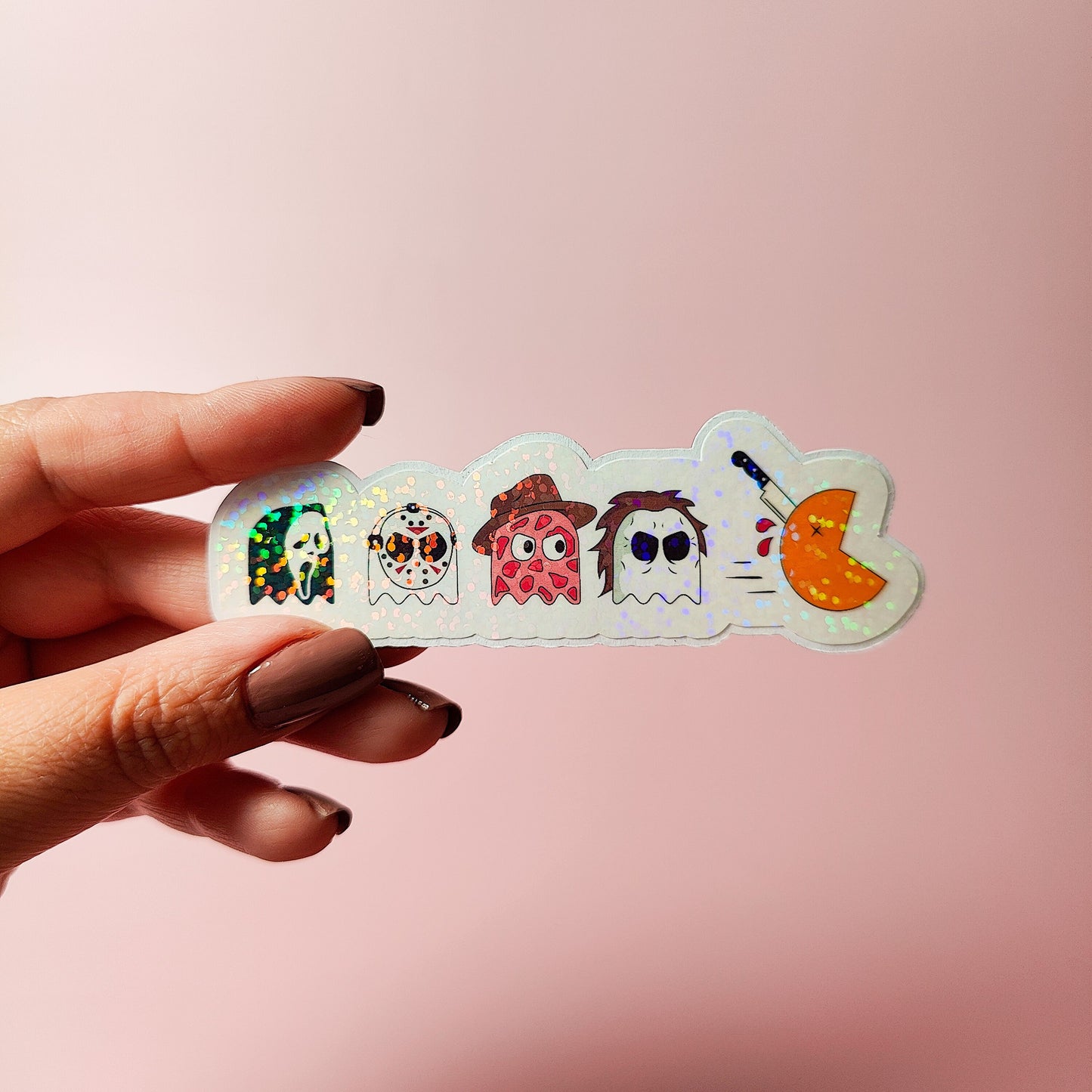 Pacman Halloween Character Holographic Sticker, Halloween Horror Friends, Easy Peel, Water Resistant, Gift for Horror Lovers, Spooky Gift