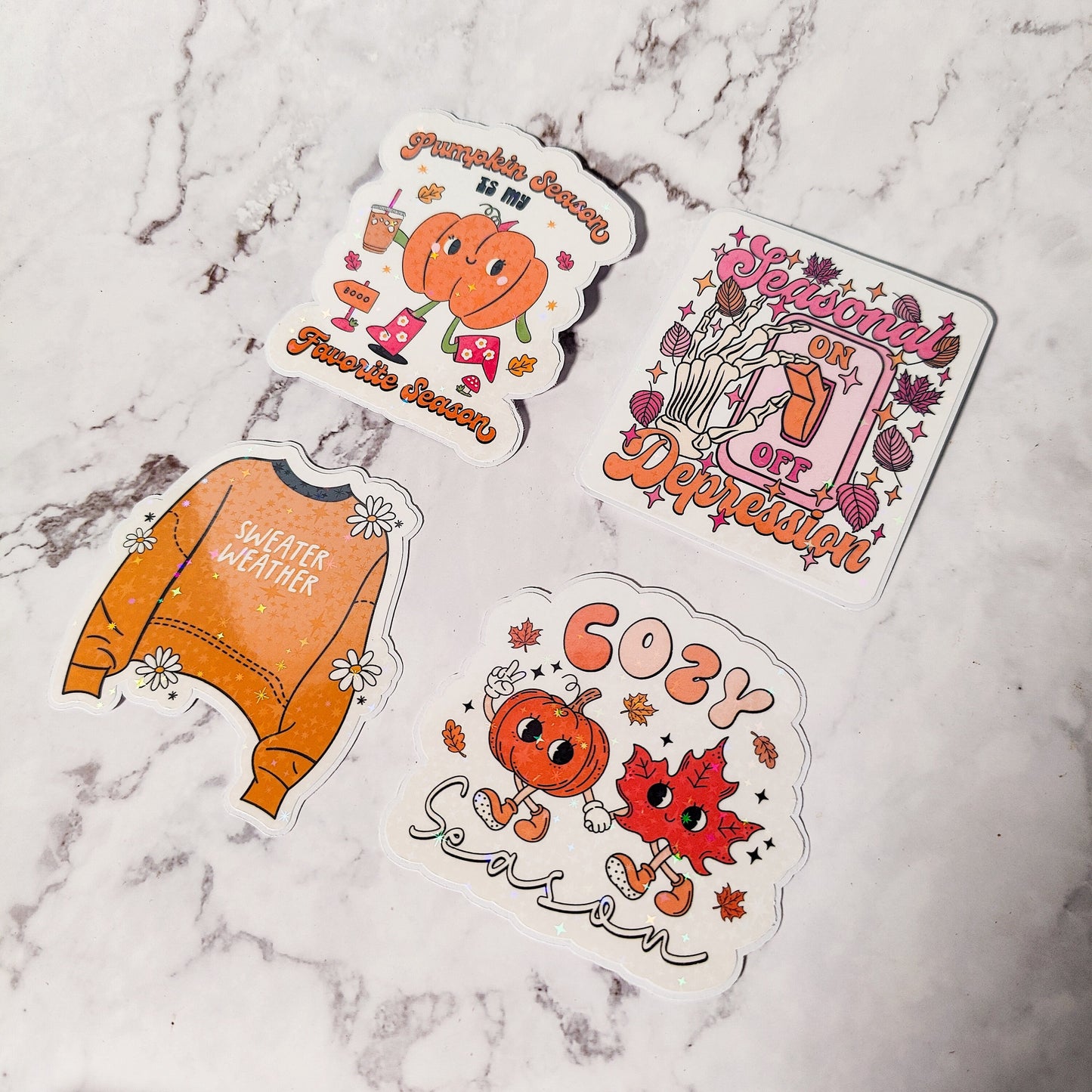 Cozy Season Holographic Sticker, Iced Coffee Sticker, Easy Peel, Water Resistant, Cute Pumpkin and Leaf, Autumn Season Gift