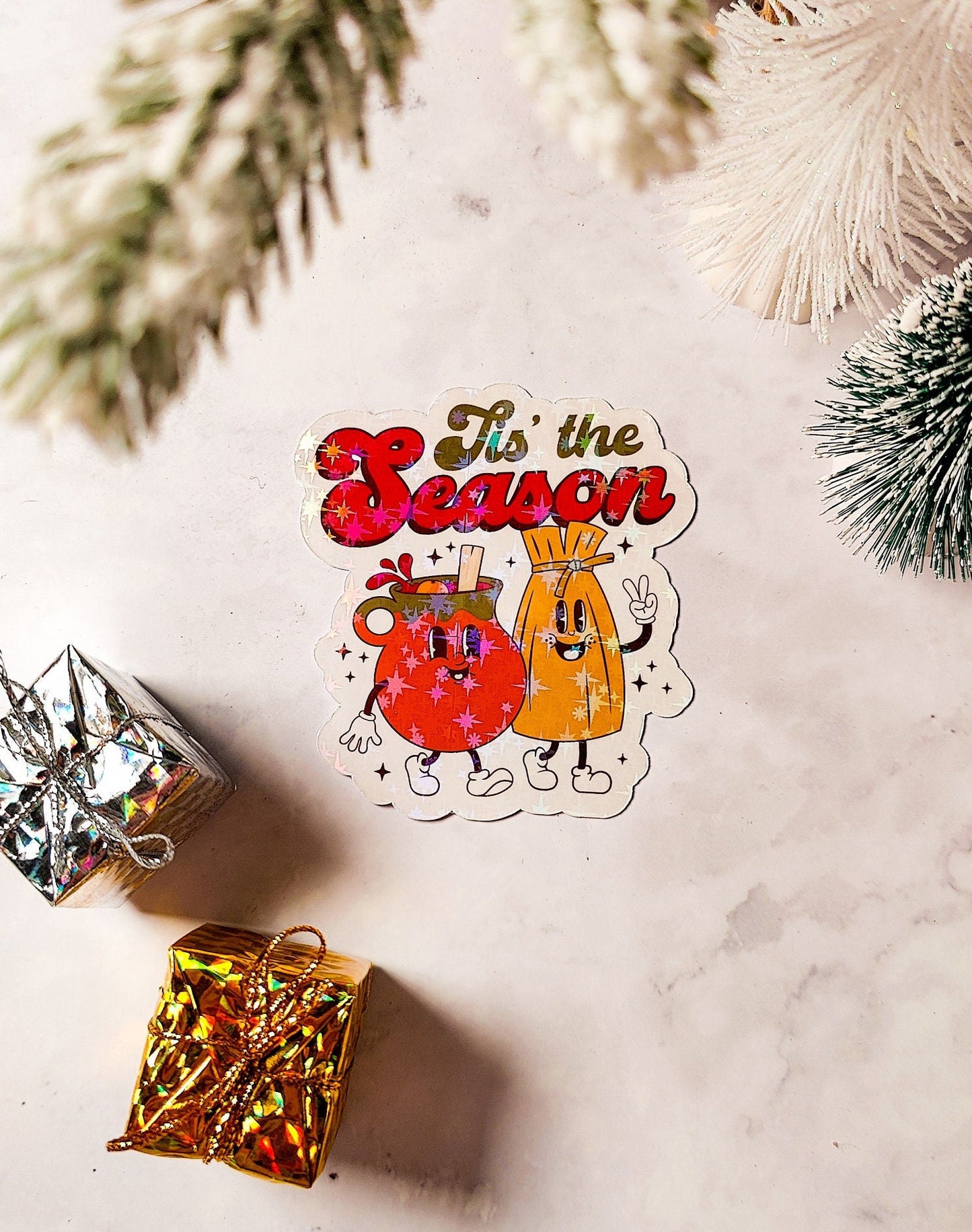Tis The Season Holographic Sticker, Tamales and Ponche, Christmas Sticker, Laptop/Water Bottle, Easy Peel, Water Resistant, Latin Food Lover