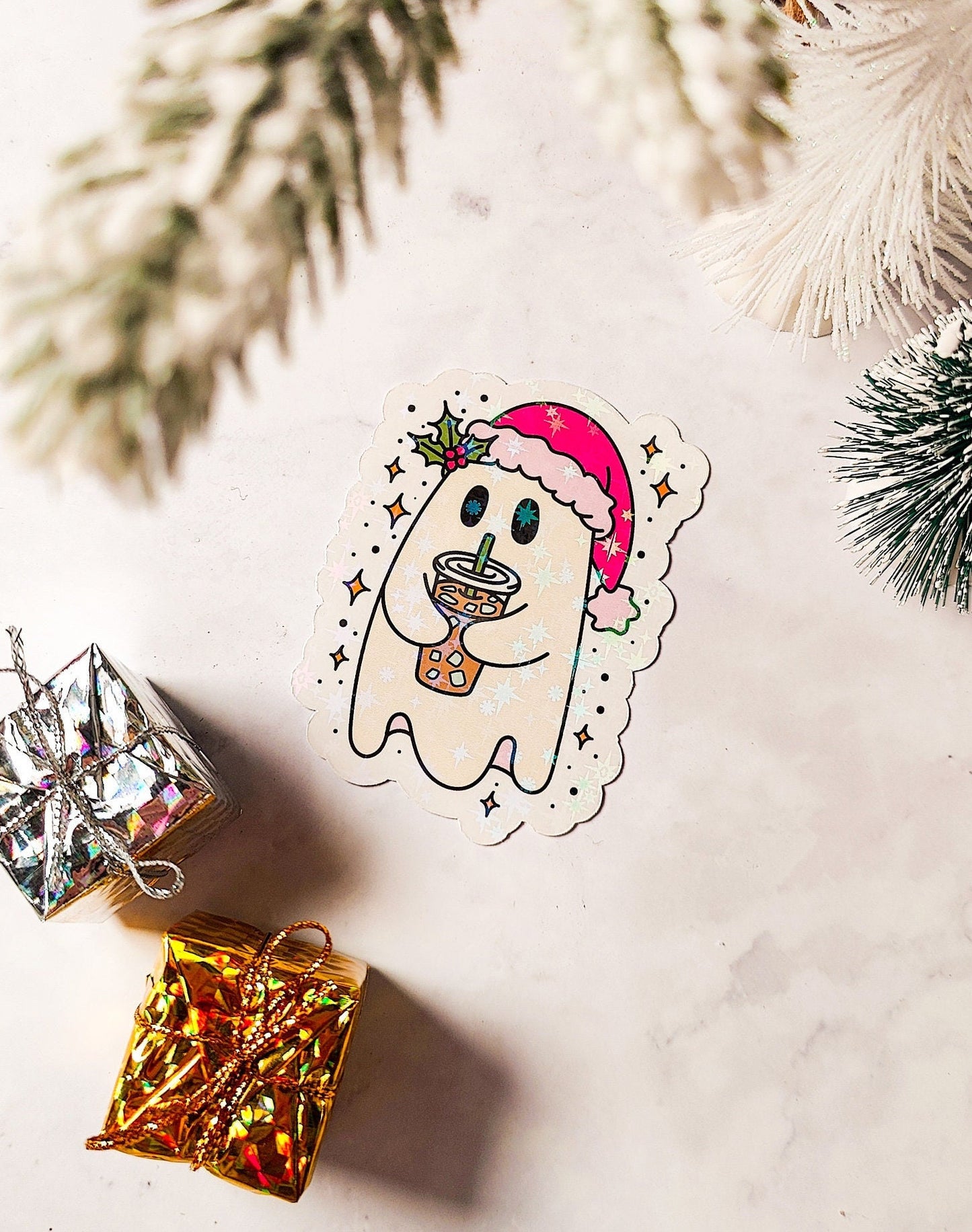 Christmas Iced Coffee Ghost Holographic Sticker, Spooky Christmas Sticker, Laptop/Water Bottle Sticker, Water Resistant, Cute Ghost Gift