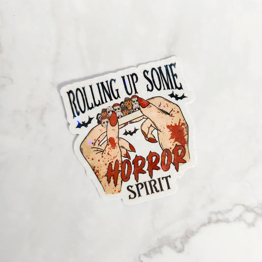 Rolling Up Some Horror Spirit Holographic Sticker, Scary Movie Characters, Water Resistant Sticker, Horror Friends, Spooky Stoner Gift