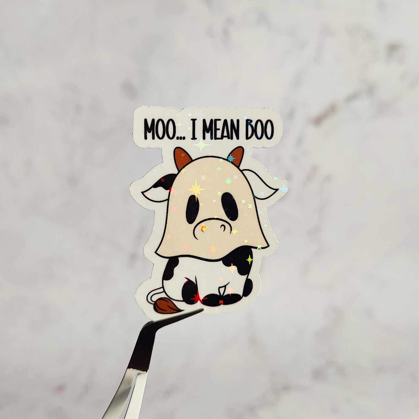 Moo I Mean Boo Holographic Sticker, Cute Baby Cow Ghost Sticker, Laptop/Water Bottle Sticker, Water Resistant, Spooky Barn Animal Gift
