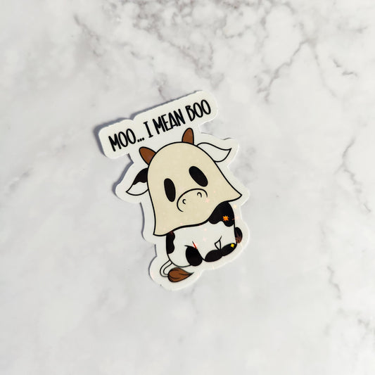 Moo I Mean Boo Holographic Sticker, Cute Baby Cow Ghost Sticker, Laptop/Water Bottle Sticker, Water Resistant, Spooky Barn Animal Gift
