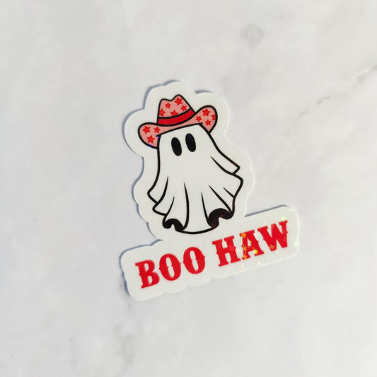 Boo Haw Holographic Sticker, Cute Cowgirl Ghost Sticker, Laptop/Water Bottle Sticker, Water Resistant, Western Halloween, Spooky Ghost Gift