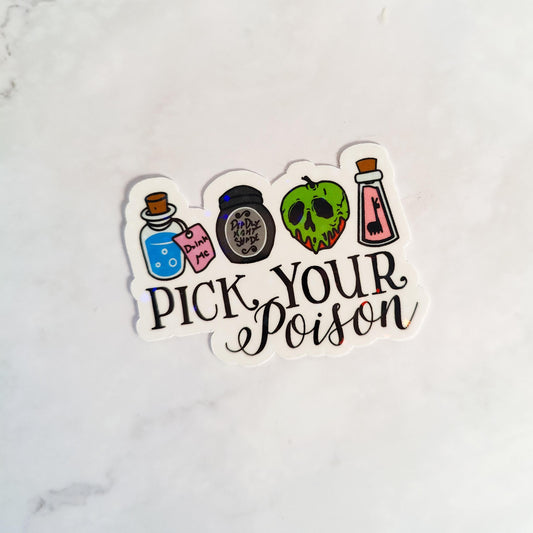 Pick Your Poison Holographic Sticker, Water Resistant Sticker, Forbidden Fruit, Drink Me Potion, Evil Cartoon Villains, Childhood Gift