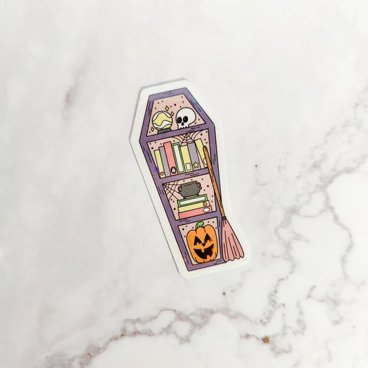 Spooky Coffin Bookshelf Holographic Sticker, Witchy Bookish Sticker, Laptop/Water Bottle Sticker, Water Resistant, Spooky Bookworm Gift