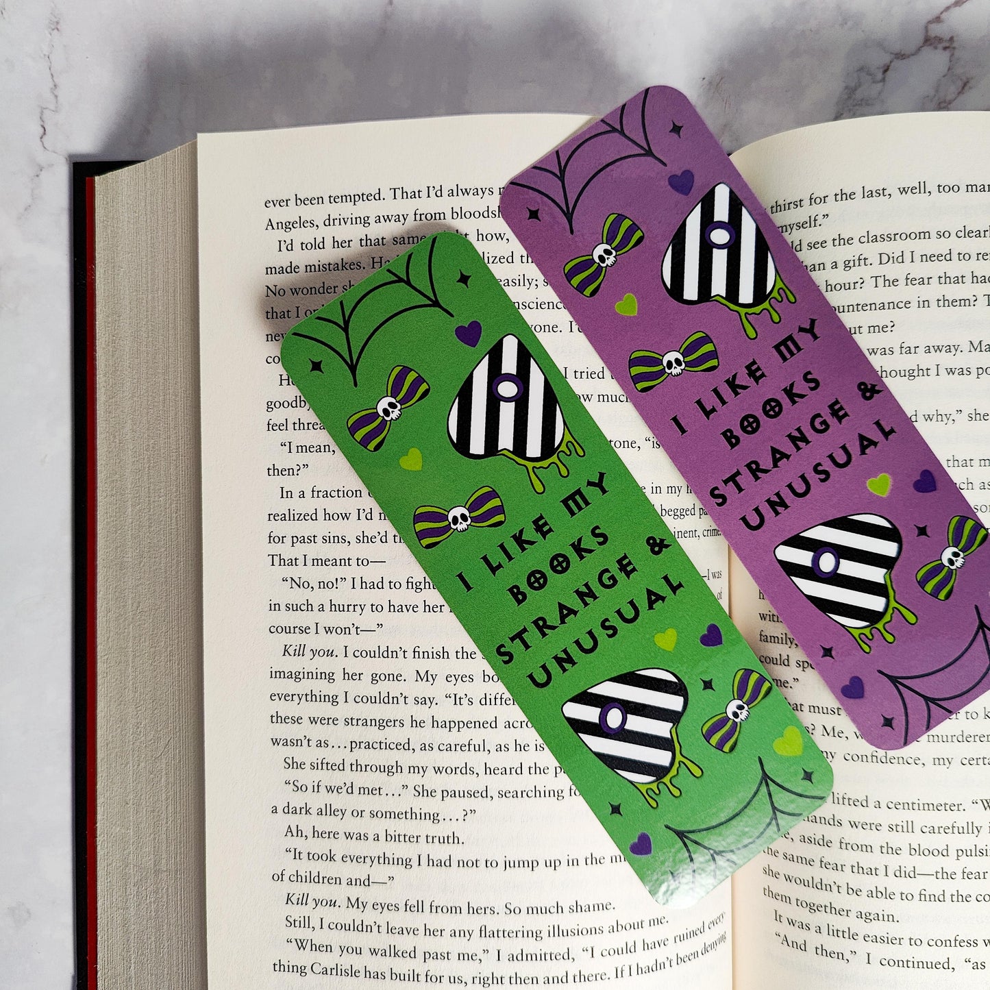 I Like My Books Strange And Unusual Bookmark, Double Sided Laminated Paper Bookmark, Halloween Page Marker, Cute Book Accessory, Spooky Gift