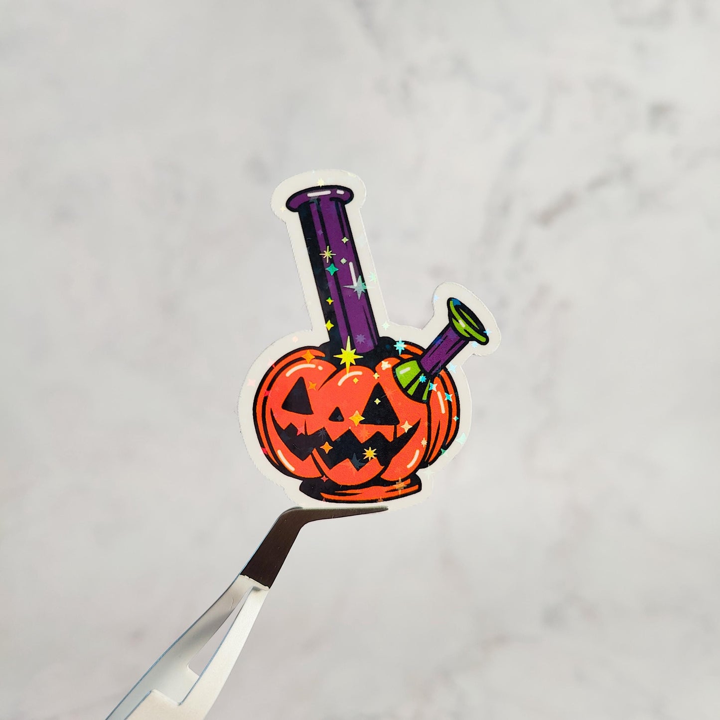 Pumpkin Bong Holographic Sticker, Water Resistant Sticker, Cannabis Decor Decal, Weed Accessory, Spooky Hemp Humor, Halloween Stoner Gift