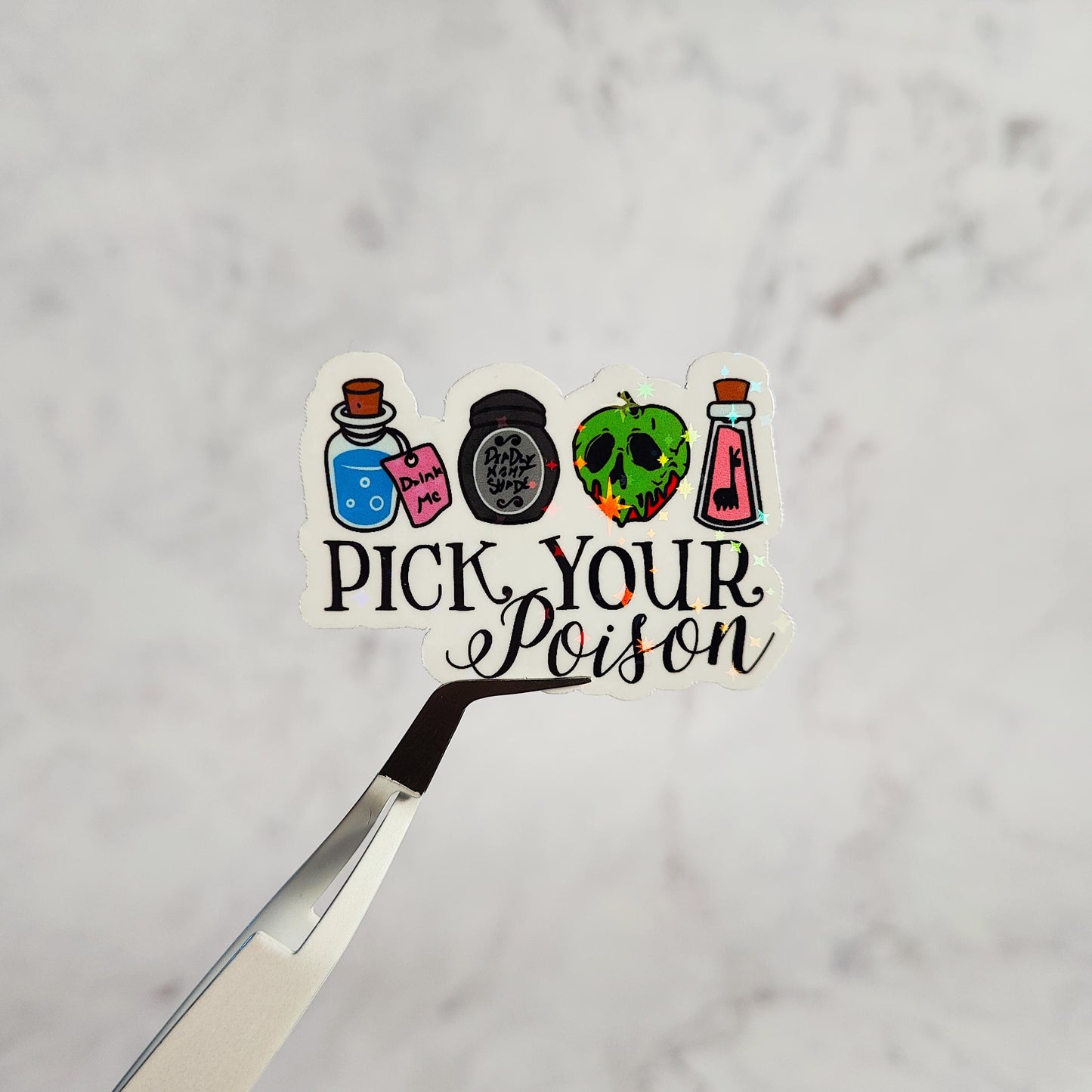 Pick Your Poison Holographic Sticker, Water Resistant Sticker, Forbidden Fruit, Drink Me Potion, Evil Cartoon Villains, Childhood Gift