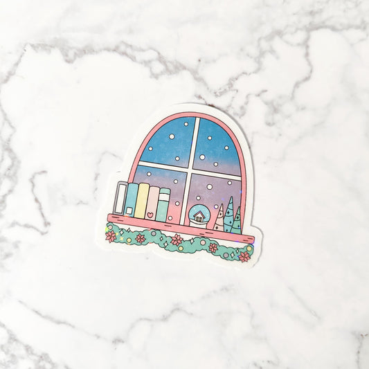 Christmas Window Holographic Sticker, Bookish Christmas, Water Resistant Sticker, Holiday Bookshelf, Bookworm Holiday Gift