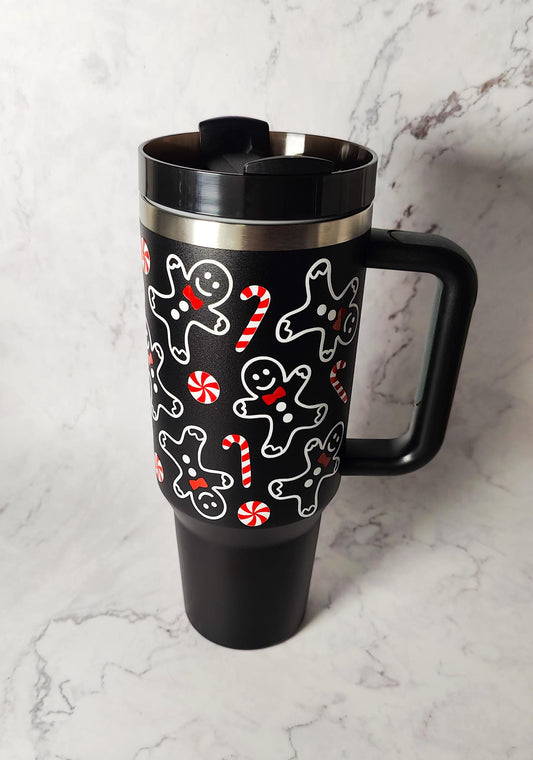 Gingerbread and Candy Canes 40oz Insulated Tumbler, Christmas Cup, Reusable Thermos with Straw, Stocking Stuffer, Holiday Gift