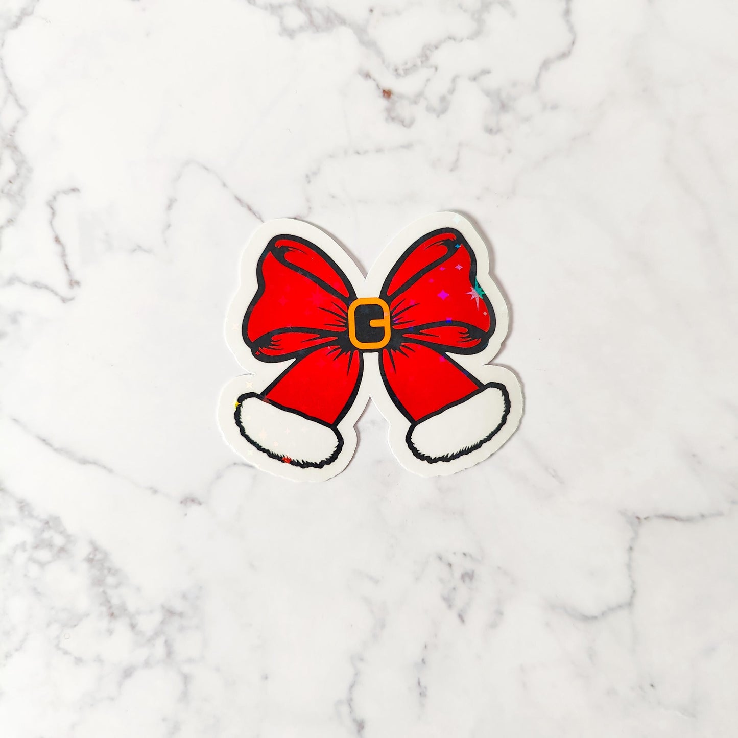 Santa Belt Bow Holographic Sticker, Christmas Coquette, Water Resistant Sticker, Adorable Christmas Aesthetic, Cute Red Bow and Pink Bow
