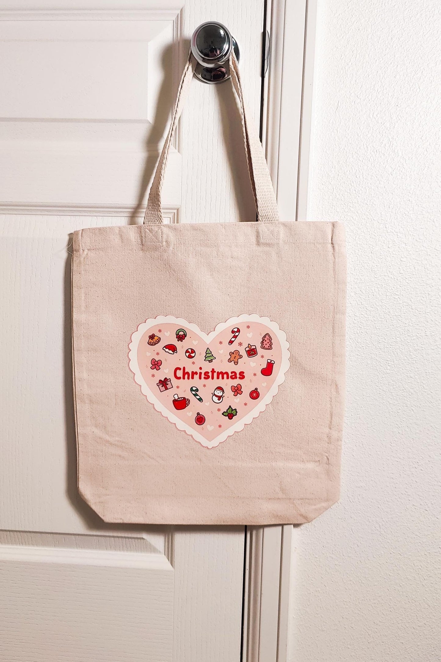 Christmas Heart Tote Bag, Farmers Market Tote, Small Grocery Bag, Reusable Cotton Bag, Retro Flower Market Tote, Christmas Gift Bag
