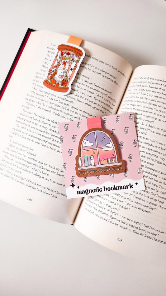 Cute Autumn Window Magnetic Bookmark, Bookish Water Resistant Bookmark, Fall Page Marker, Cozy Bookshelf, Bookworm Gift