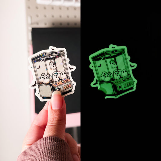 Ghost Claw Machine Holographic Sticker, Water Resistant, Halloween Aesthetic, Retro Gaming Crane Arcade Machine, Spooky Ghost Lover Gift