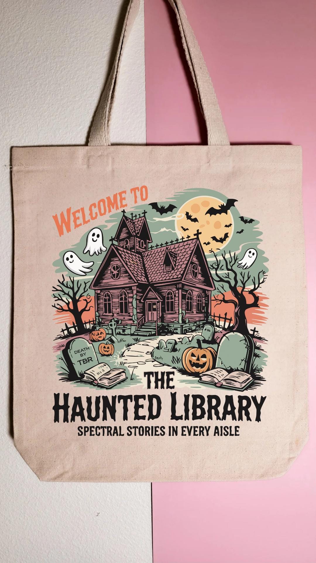 Haunted Library Tote Bag, Halloween Tote, Spooky Bookish Bag, Reusable Cotton Bag, Reader, Book Store Tote, Bookworm Gift