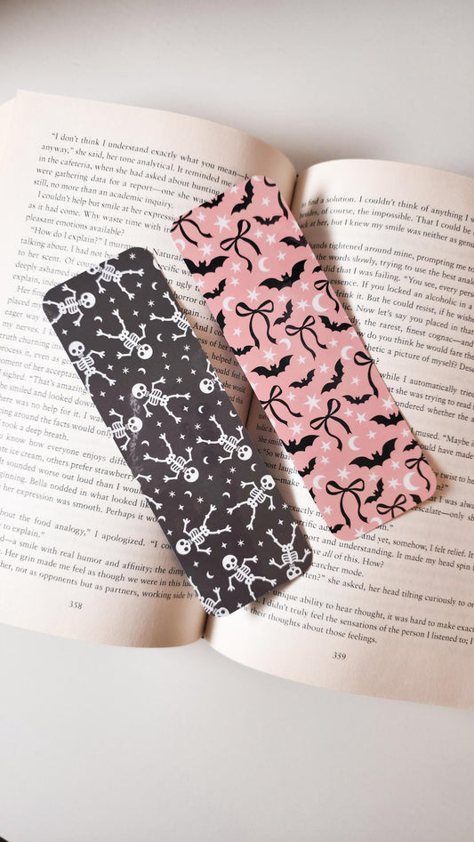 Skelly & Coquette Bats Bookmark, Double Sided Laminated Paper Bookmark, Halloween Page Marker, Cute Book Accessory, Spooky Bookish Gift