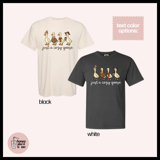 Just A Cozy Goose T-shirt, Autumn Animal Lover Shirt, Cute Casual Soft Cotton Tee, Falloween Comfy Top, Farm Animals, Fall Season Gift