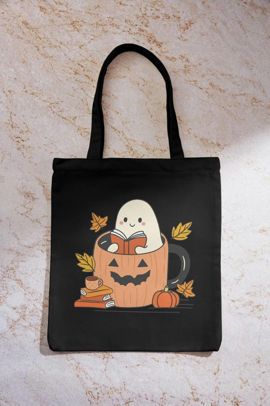 Fall Reading Ghostie Tote Bag, Library Tote, Spooky Bookish Bag, Reusable Cotton Bag, Autumn Reader, Book Store Tote, Bookworm Gift