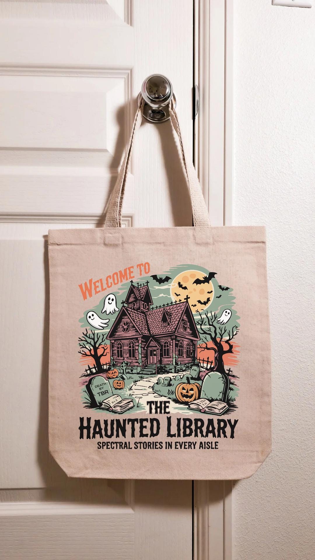 Haunted Library Tote Bag, Halloween Tote, Spooky Bookish Bag, Reusable Cotton Bag, Reader, Book Store Tote, Bookworm Gift