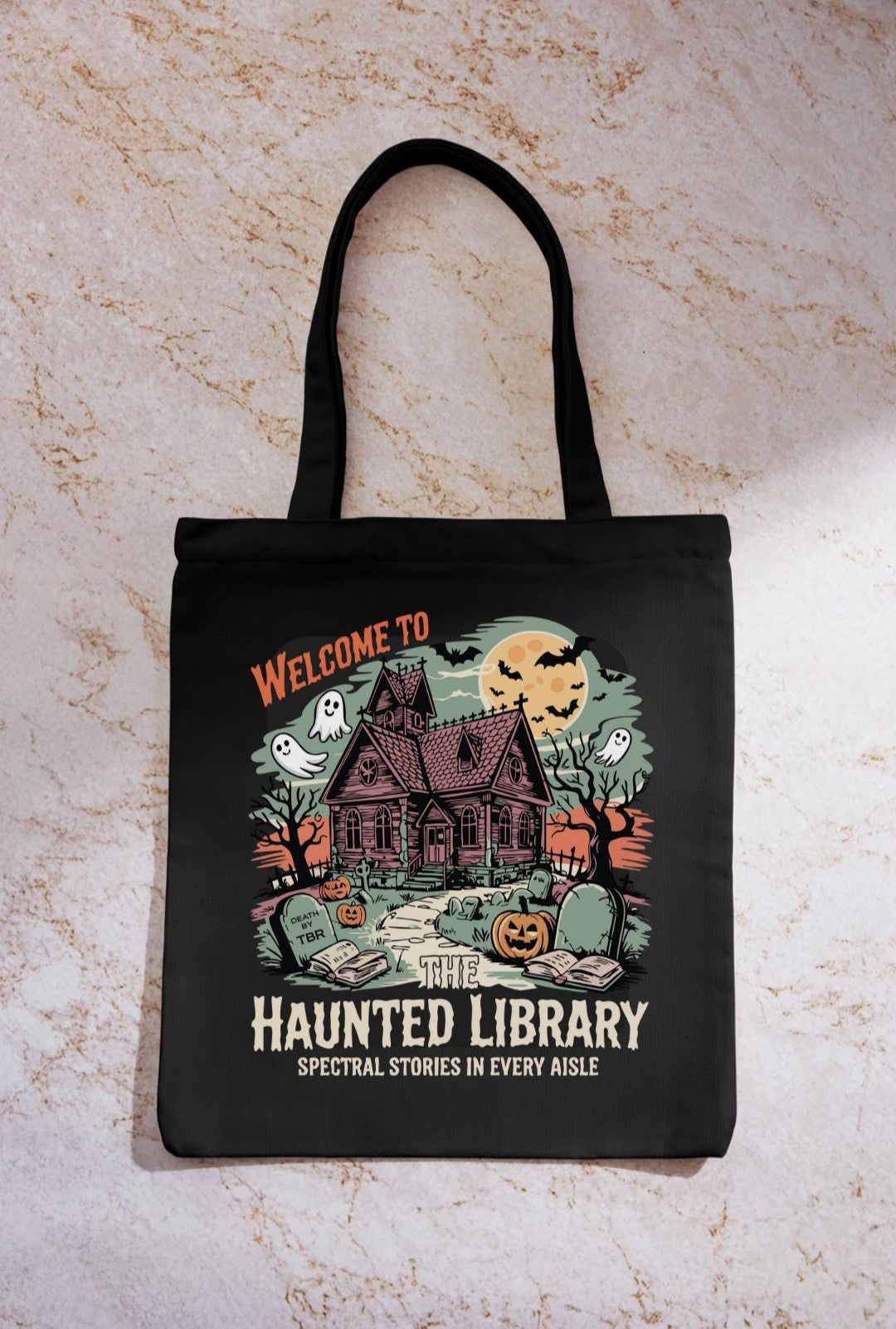 Haunted Library Tote Bag, Halloween Tote, Spooky Bookish Bag, Reusable Cotton Bag, Reader, Book Store Tote, Bookworm Gift