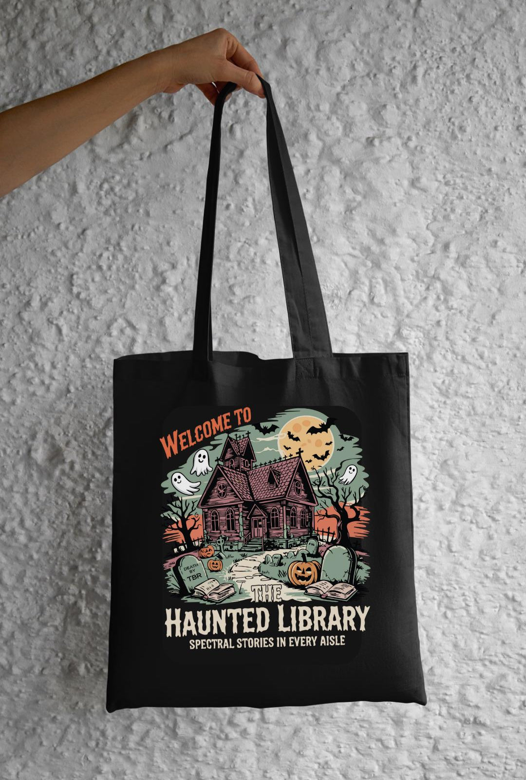 Haunted Library Tote Bag, Halloween Tote, Spooky Bookish Bag, Reusable Cotton Bag, Reader, Book Store Tote, Bookworm Gift