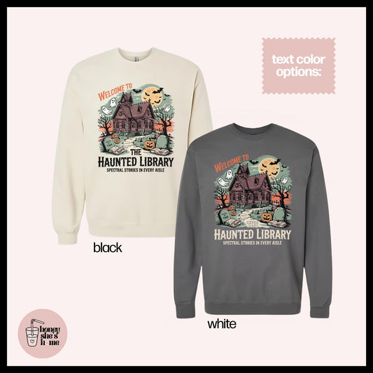 Haunted Library Crewneck, Bookish Halloween, Cute Falloween Sweatshirt, Comfy Witchy Fleece Soft Crew, Spooky Seasonal Gift