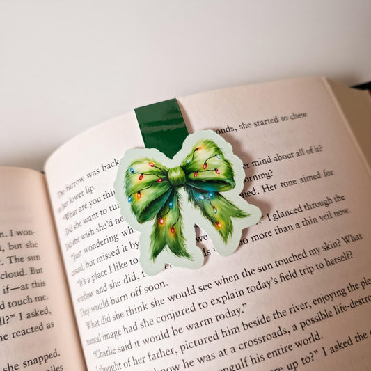 Green Christmas Bow Magnetic Bookmark: Xmas Lights